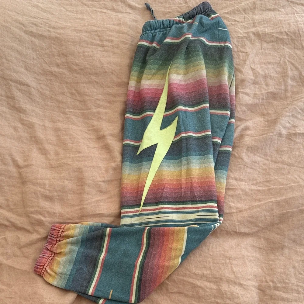 Aviator Nation Tulum Serape Blue Rainbow Bolt Stitch Sweatpants in Medium - Picture 2 of 4